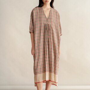 Runaway Bicycle Irene Dress Red Brown Tan Midi Sleeves Flowy Cotton Pockets L